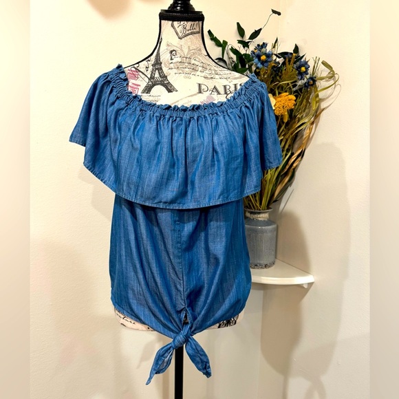 Crown & Ivy Tops - Crown & Ivy Blue Ruffled neckline Blouse with Tie Front size Large